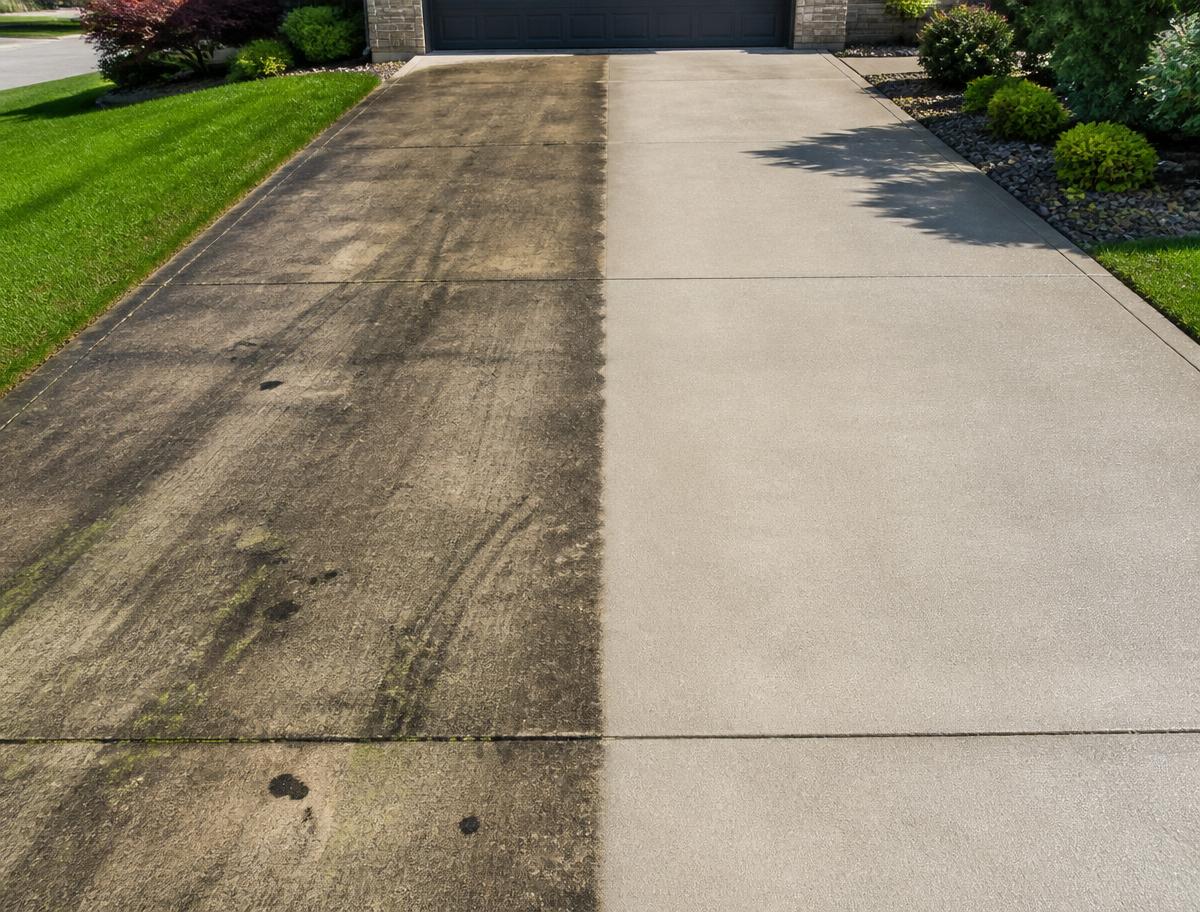 Before and after pressure washing driveway comparison