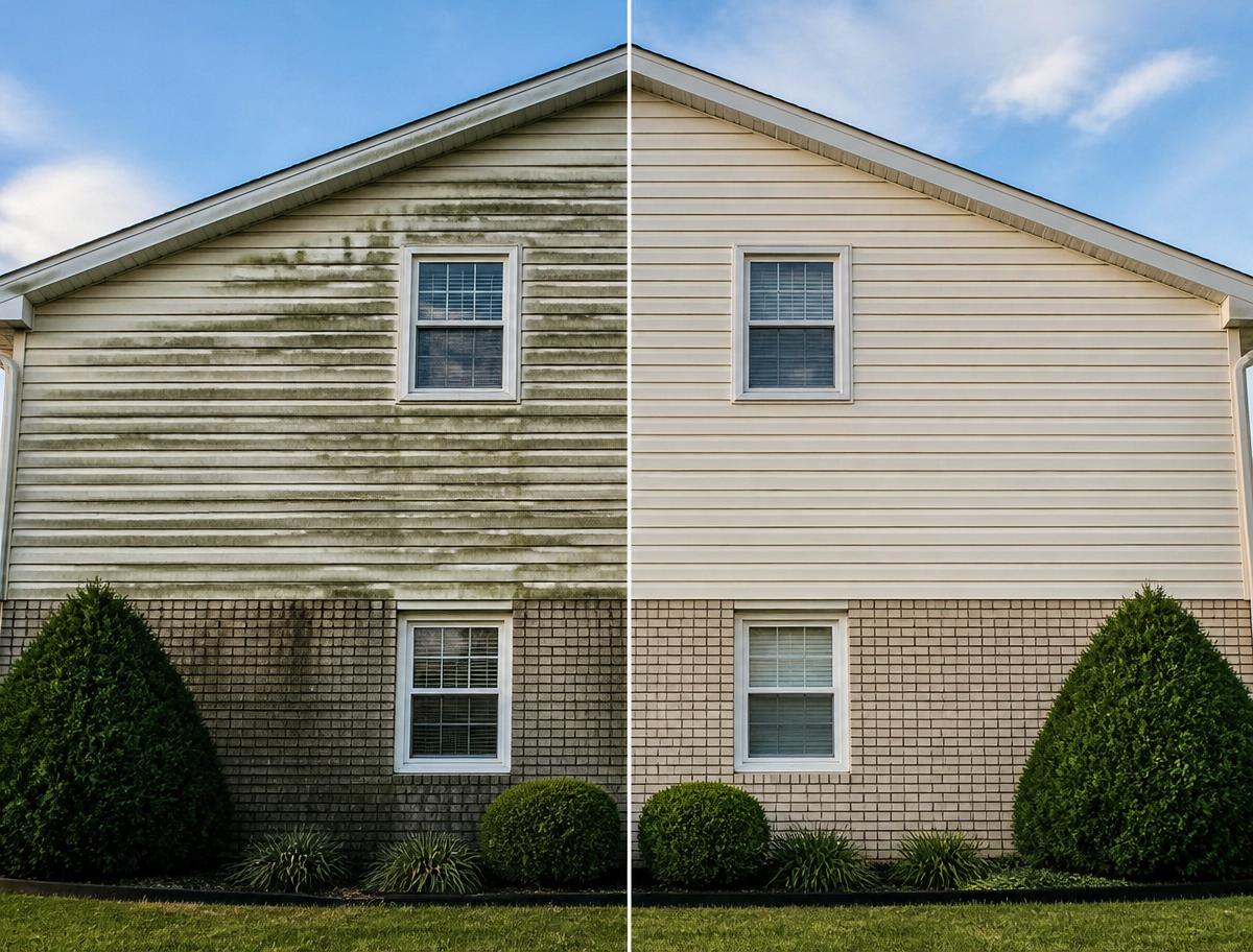 Before and after soft wash house siding comparison