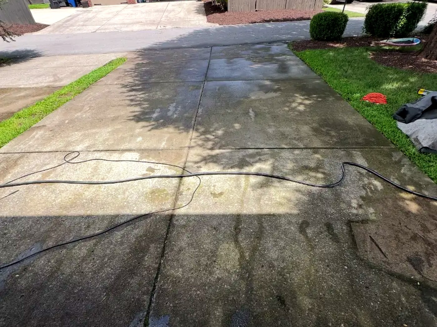 Concrete driveway covered in black mildew before pressure washing